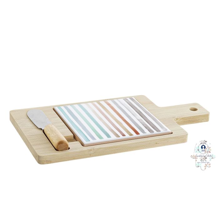 DKD Home Decor Tabla Aperitivo Urban Set de 3, Bambú y Gres, Apta Lavavajillas, Multicolor Natural Blanco, 11.8x1.5x21.5 cm