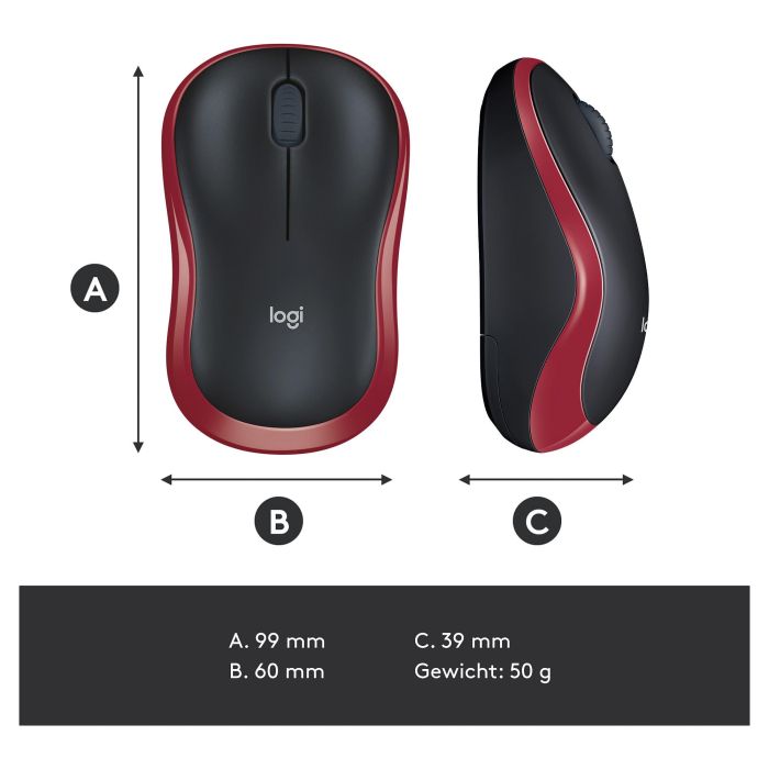 Logitech M185 Ratón Inalámbrico Óptico Rojo para Ordenadores Windows y Mac, Plug and Play, Larga Duración Pila 4