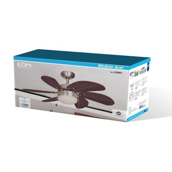 Edm Ventilador de Techo Aral Wengue/Níquel Satinado Ø76cm 50W 3 Velocidades 3