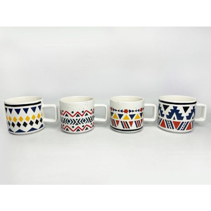 DKD Home Decor Set 12 Mugs Boho Multicolor New Bone 420ml, Apto Microondas y Lavavajillas, 9.2 x 8.5 x 13 cm