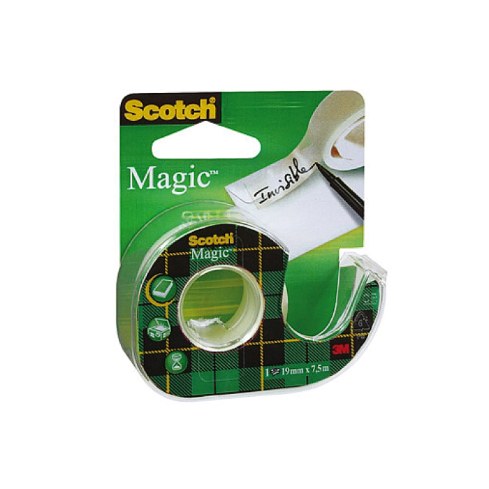 Scotch Cinta Adhesiva Magic Invisible 7,5 mt x 19 mm en Portarrollo, Se Puede Escribir Sobre Ella, No Amarillea 1