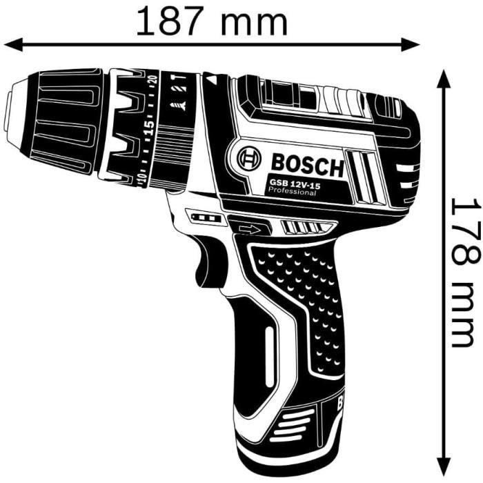 Taladro atornillador de impacto BOSCH PROFESSIONAL GSB 12V-15 + 2 baterías 2,0Ah + GAL 12V-20 + bolsa 5