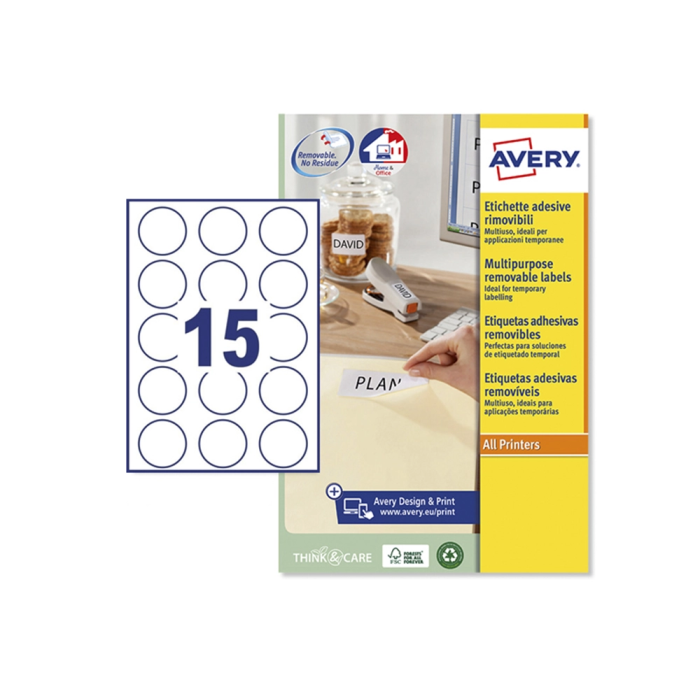 Avery Etiquetas Adhesivas Redondas Removibles Blancas 51 mm para Láser, Ink-jet y Fotocopiadora - Caja de 375 Unidades 1