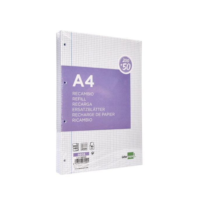 Recambio Liderpapel A4 200+50 Hojas 90 gr-M2 Cuadro 4 mm Con Margen 4 Taladros 3