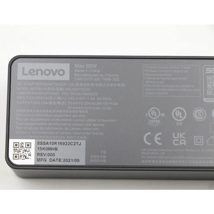Lenovo 65W AC adapter with USB-C interface, supports 20/15/9/5V output for Lenovo laptops and devices. 9 Lenovo 65W AC adapter with USB-C interface, supports 20/15/9/5V output for Lenovo laptops and devices. 9