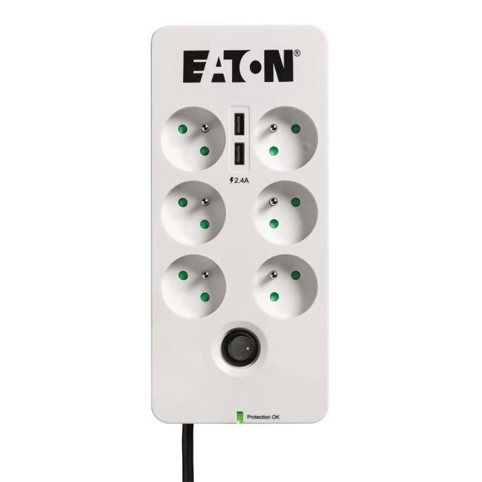 Eaton Protection Box Supresor de Sobretensión y Caja de Protección con 6 Tomas FR, 2 Puertos USB y Protección Tel/Internet 10A 2,50 kVA