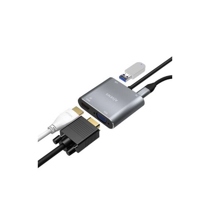 AISENS - CONVERSOR USB-C A VGA/HDMI 4K/USB3.0/USB-C PD, USB-C/M-VGA/H-HDMI/H-USB-A/H-USB-C/H, GRIS, 15CM 3