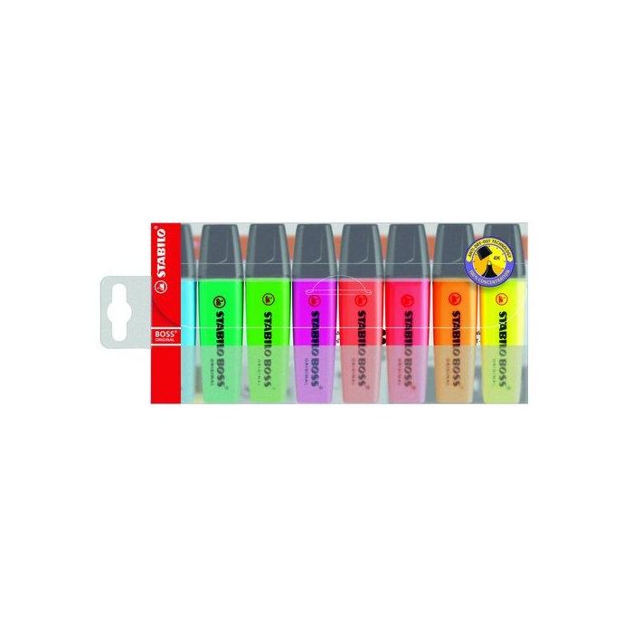 Stabilo Marcador Fluorescente Boss Original - Blíster 8 Unidades, 9 Colores, Tecnología Antisecado