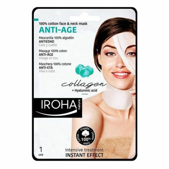 Iroha Mascarilla Facial y de Cuello con Colágeno y Ácido Hialurónico Antiarrugas Antiedad 1 Unidad