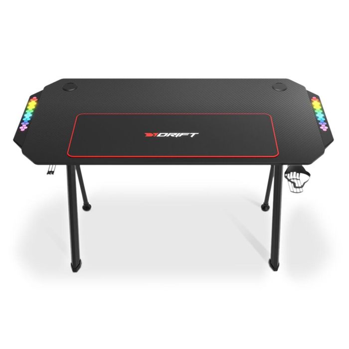 DRIFT DRDZ175RGB Escritorio Gaming Negro con Iluminación RGB LED, Superficie de Fibra de Carbono 130x60cm, Soporte Auriculares y Bebida 1