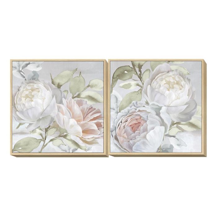 DKD Home Decor Cuadro Shabby con Flores Blanco y Gris de Lienzo Hecho a Mano 80x80 cm Set de 2 Unidades