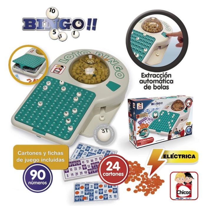 Chicos 22302 Lotería Eléctrica Juego de Mesa con 90 Bolas, 24 Cartones, Fichas y Almacenamiento. Idioma Español +3 Años