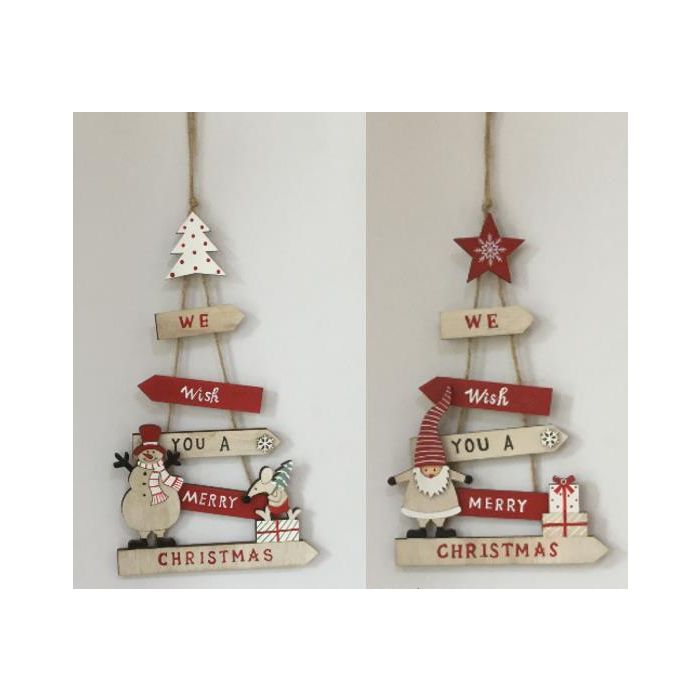 DKD Home Decor Decoración Colgante Navidad Tradicional Madera Árbol Rojo Blanco 1 x 22 x 14 cm (12 Unidades) Surtido Aleatorio