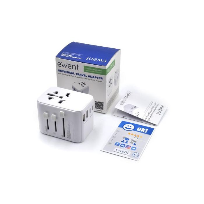 Ewent Enchufe Universal EW1470 con 2 Puertos USB y 3 Tipo-C, Compatible con EU/USA/UK/AUS 4 Ewent Enchufe Universal EW1470 con 2 Puertos USB y 3 Tipo-C, Compatible con EU/USA/UK/AUS 4
