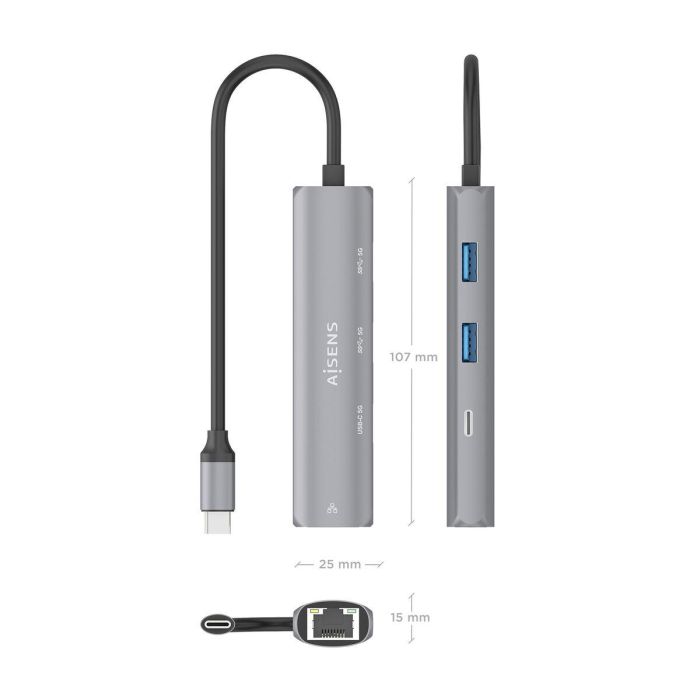 AISENS Dock USB-C a Ethernet Gigabit + 1xUSB-C + 2xUSB-A, Gris, Conector USB 3.1 Gen1, RTL8153B