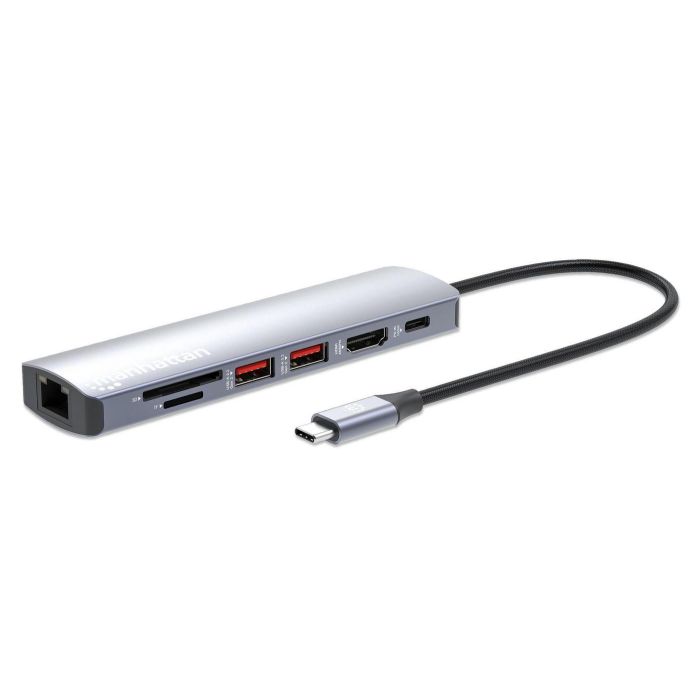 MANHATTAN 153966 Estación de Acoplamiento USB-C 7 en 1 con HDMI 4K, 2x USB 10Gb/s y Power Delivery 100W, Color Plata