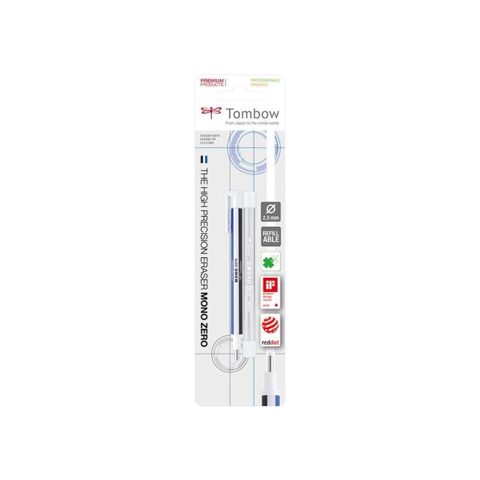 Portagomas Tombow Mono Zero Con Clip Goma Redonda 2,3 mm Diametro Color Azul Blanco Y Negro 10