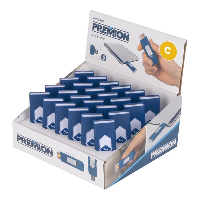 Premion Encendedor electrónico sin llama USB, PVC, azul y blanco, expositor 24 unidades Premion Encendedor electrónico sin llama USB, PVC, azul y blanco, expositor 24 unidades