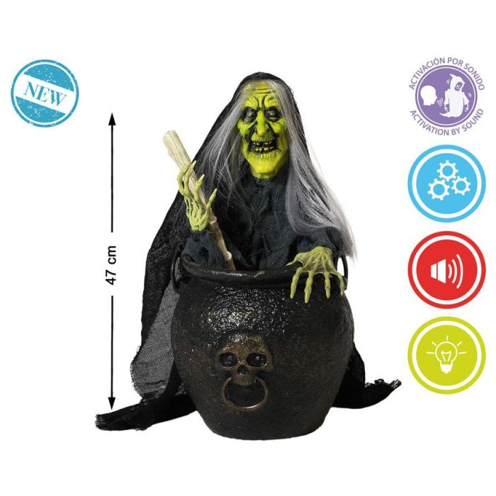 Figura Bruja Verde 47 cm Luz-Sonido-Movimiento con Caldero y Pelo Gris - Decoración Halloween