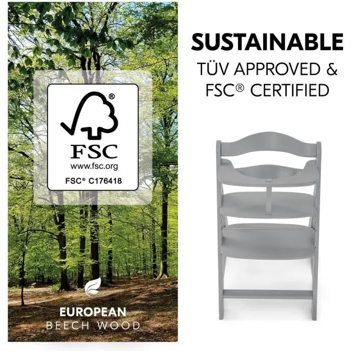 Hauck Silla Alta de Madera Escalable Alpha + / Gris para Bebé y Niños, Arnés 5 Puntos, Estante Extraíble, Desde 6 Meses hasta 90 Kg 2