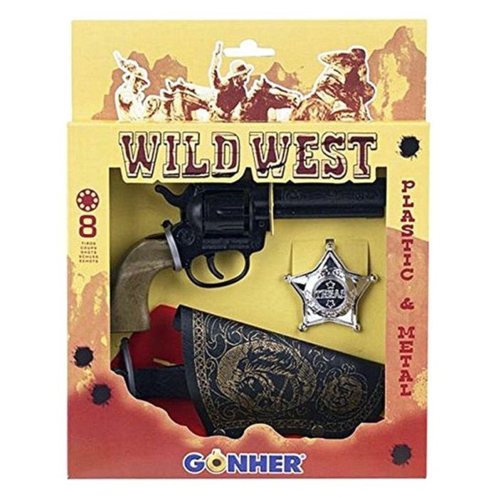 Gonher Pistola de Juguete Wild West Metálica 21x27x3 cm con 8 Tiros, Cartuchera y Estrella Sheriff para Niños +3 Años
