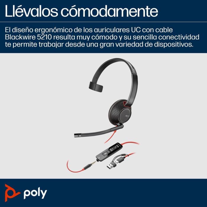 Poly Blackwire 5210 Auricular Monoauricular Cableado USB-C/Jack 3.5mm para Mac/Windows/Chromebook, Certificado Teams/UC 1