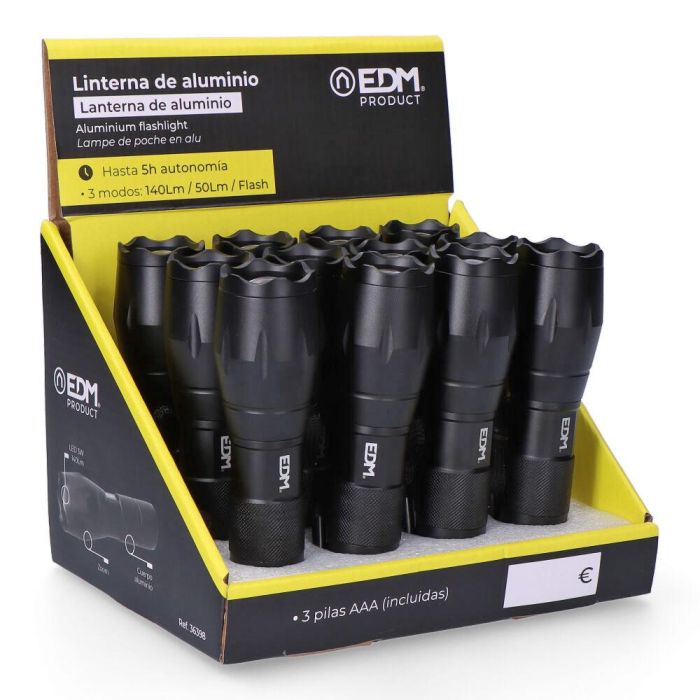 Edm Linterna de aluminio con zoom, 1 LED, 3 modos de luz (140lm/50lm/flash), 3W, 6500K, hasta 5h autonomía, 3xAAA incluidas 7 Edm Linterna de aluminio con zoom, 1 LED, 3 modos de luz (140lm/50lm/flash), 3W, 6500K, hasta 5h autonomía, 3xAAA incluidas 7