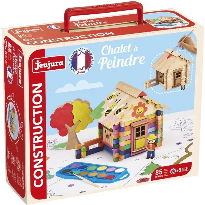 Jeujura JEU3225280809601 Juego de Construcción en Madera Natural Chalet 85 Piezas Accesorios Pintura Incluidos 26x24x9 cm 1