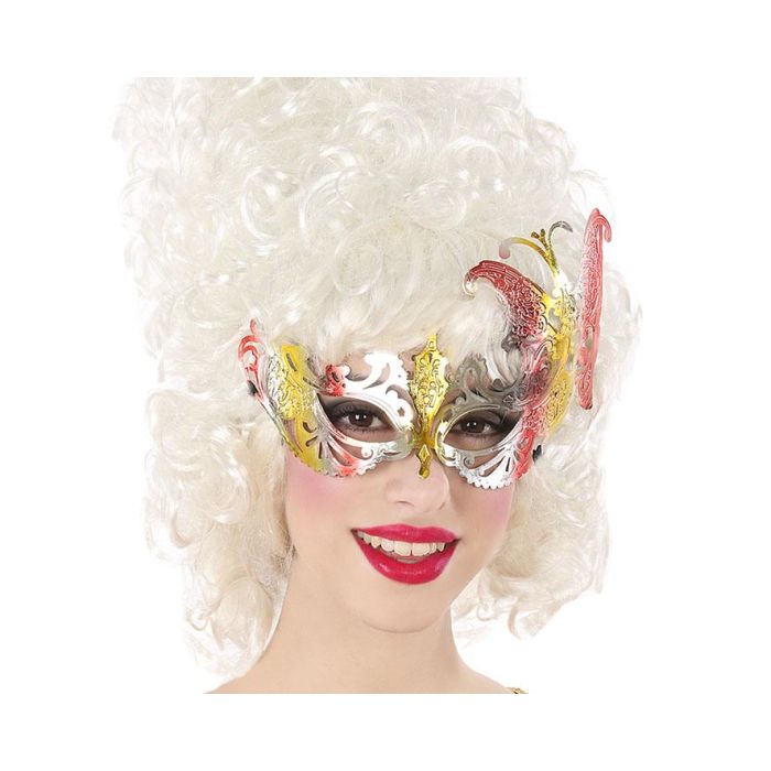 Antifaz Rojo Multicolor Mariposa Veneciana con Alas Elevadas para Fiestas de Disfraces y Carnaval