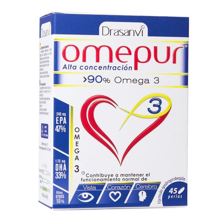 DRASANVI Omepur3 45 Perlas de Aceite de Pescado concentrado con Omega 3, EPA y DHA para el Corazón