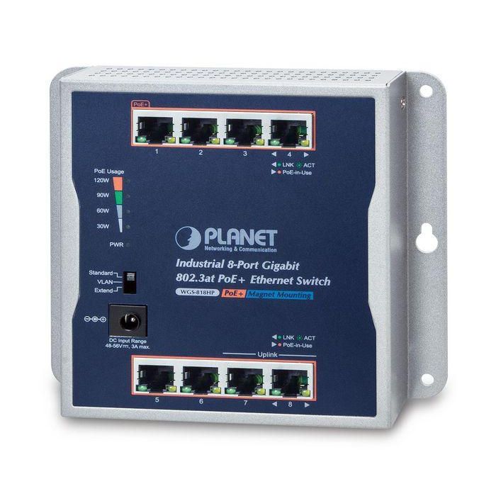 Planet WGS-818HP Switch Industrial Gigabit 8 Puertos 802.3at PoE+ Montaje Pared, IP30, 60/120W, -20 a 60°C