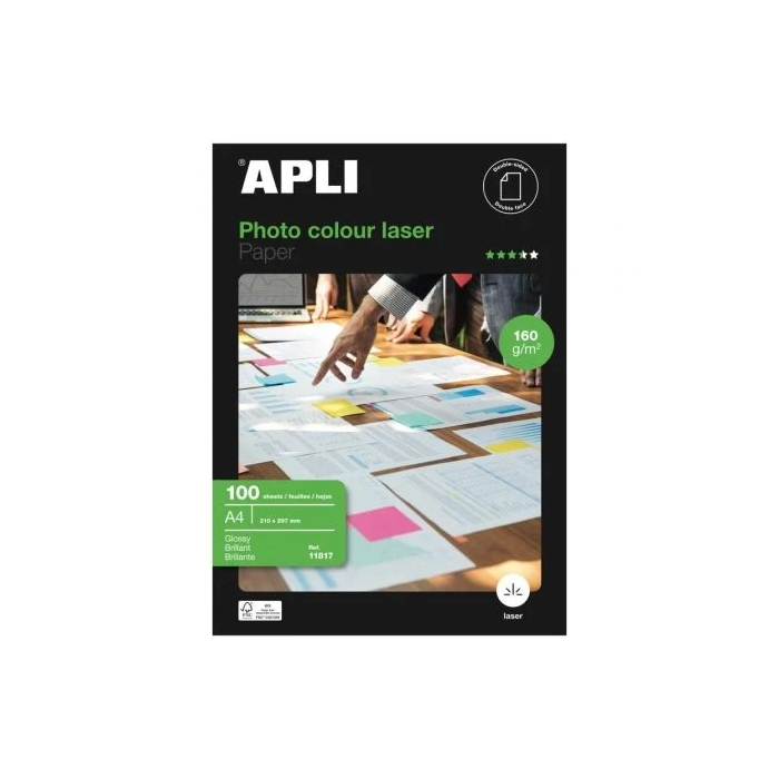 Apli Papel Fotográfico A4 160 gr Doble Cara Blanco Brillo Láser Paquete 100 Hojas