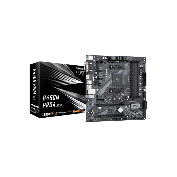 ASRock B450M Pro4 R2.0 Placa Base Micro ATX AMD B450 Socket AM4 Ryzen 3/5/7 DDR4-SDRAM USB 3.2 HDMI DVI VGA