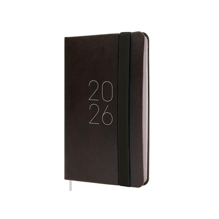 Finocam F2-82x127 mm Svh Agenda Flexi Lisa Tapa Blanda Negro 2026 con goma elástica y cinta punto, esquinas microperforadas
