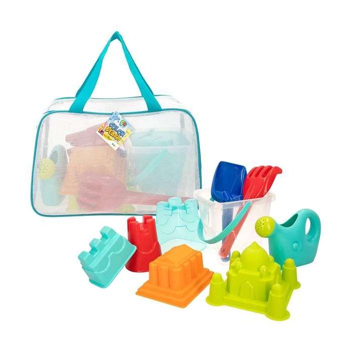Cubo de playa castillo 18cm con palas 27cm, regadera y 5 moldes en bolsa 1 Cubo de playa castillo 18cm con palas 27cm, regadera y 5 moldes en bolsa 1