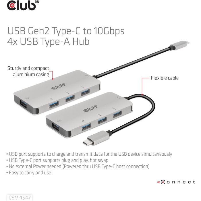 Club3D Hub USB 3.1 Tipo C a 4x USB 3.1 Tipo A 10Gbps 10 Club3D Hub USB 3.1 Tipo C a 4x USB 3.1 Tipo A 10Gbps 10
