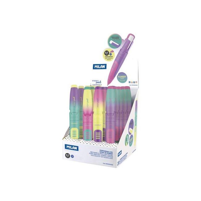 Milan Portaminas Compact Sunset 0.7 mm 2B con Goma de Borrar Extra-Grande, Mina Suave, Colores Surtidos (Amarillo, Lila, Rosa, Verde)