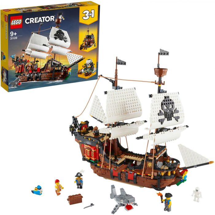 LEGO Creator 3-in-1 31109 Barco pirata con velas móviles, cañones, 3 figuras, tiburón y loro 12
