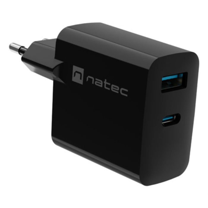 NATEC NUC-2143 Cargador de Dispositivo Móvil Universal Interior, USB-C con Carga Rápida hasta 20V, Protección Sobretensión, Negro