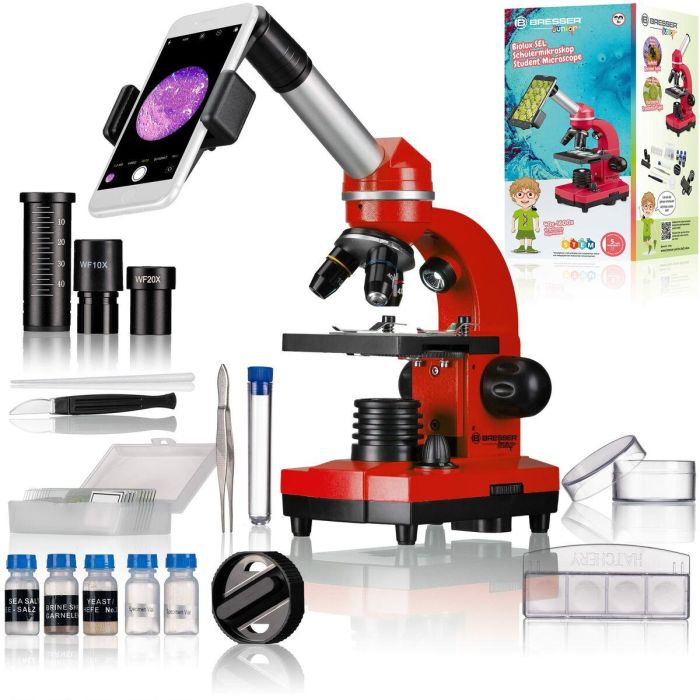 Bresser Junior BRE4007922053530 Microscopio BIOLUX SEL para estudiantes, aumento 40x-1600x, kit de experimentación, rojo