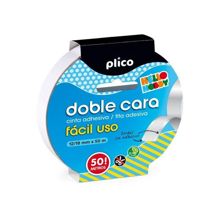 Plico Cinta Adhesiva Doble Cara Fácil Uso 50 m x 12/18 mm Para Manualidades Hogar y Escuela