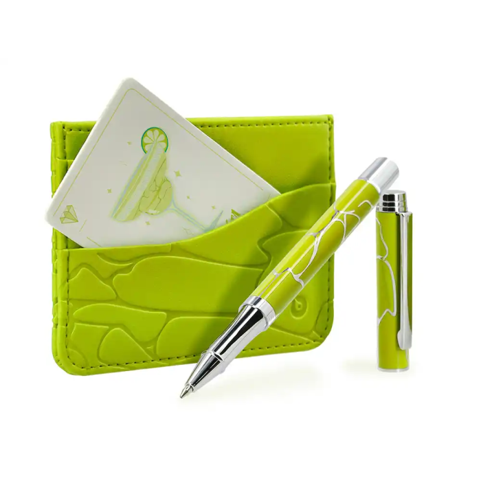 Belius Cocktails Margarita Bolígrafo y Wallet Aluminio Verde Lima Plateado con Relieve, Tinta Azul, Caja Incluida 7