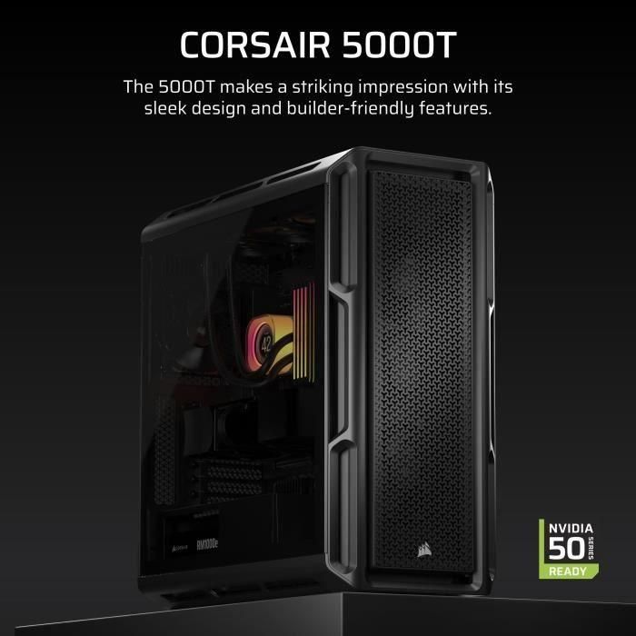 Corsair 5000T Caja PC Gaming Semitorre ATX de Alto Rendimiento, Paneles Vidrio Templado Negro, Compatible con USB-C 1