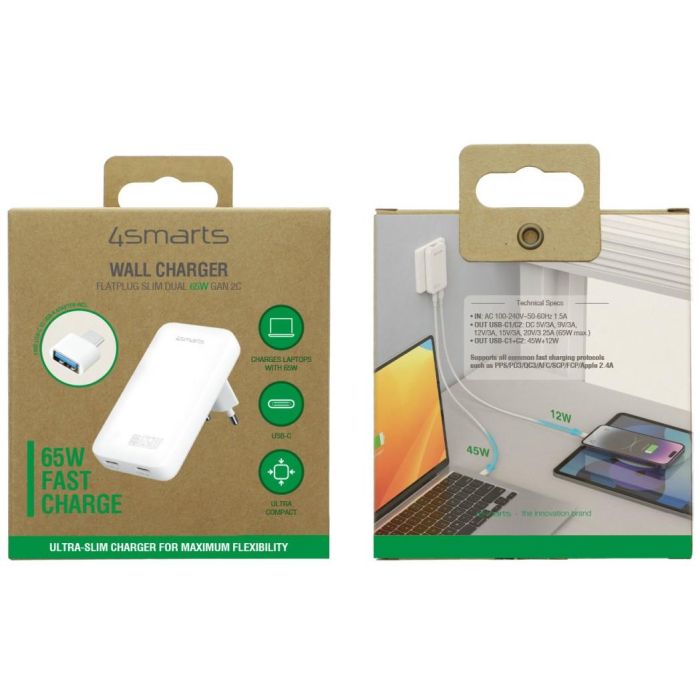 4smarts Cargador FlatPlug Slim Dual 65W GaN 2C Blanco 1 4smarts Cargador FlatPlug Slim Dual 65W GaN 2C Blanco 1