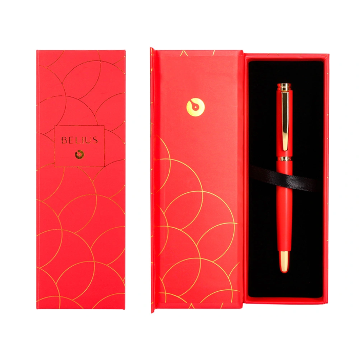 Belius Passion D'or Pluma Estilográfica Aluminio Cepillado Rojo Dorado Tinta Azul Caja Diseño M 3