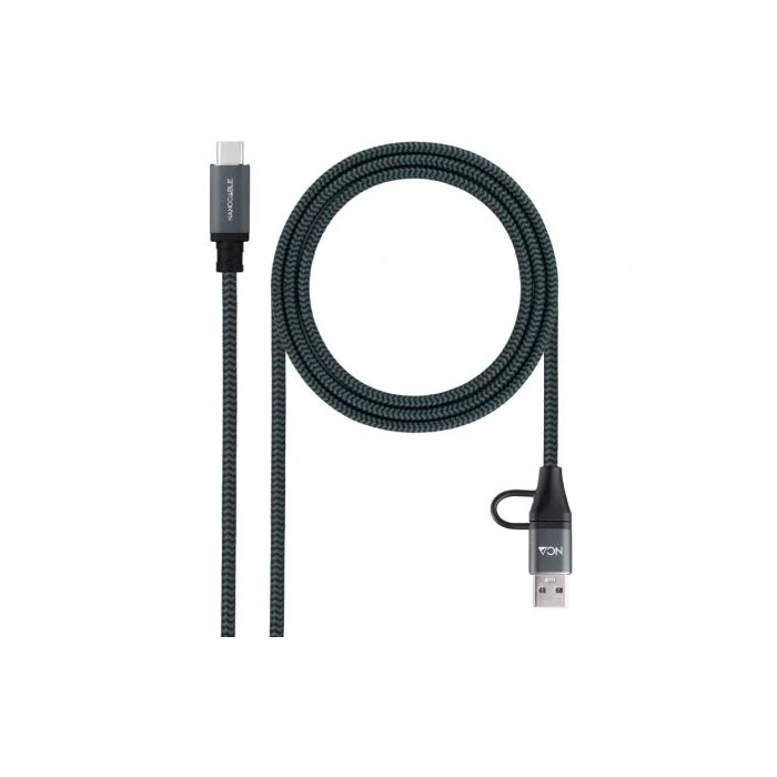 Nanocable 10.01.4112-COMB Cable USB 3.2 Tipo-C Macho + USB Macho a USB Tipo-C Macho, 100W, 20Gbps, 2m, Gris y Negro