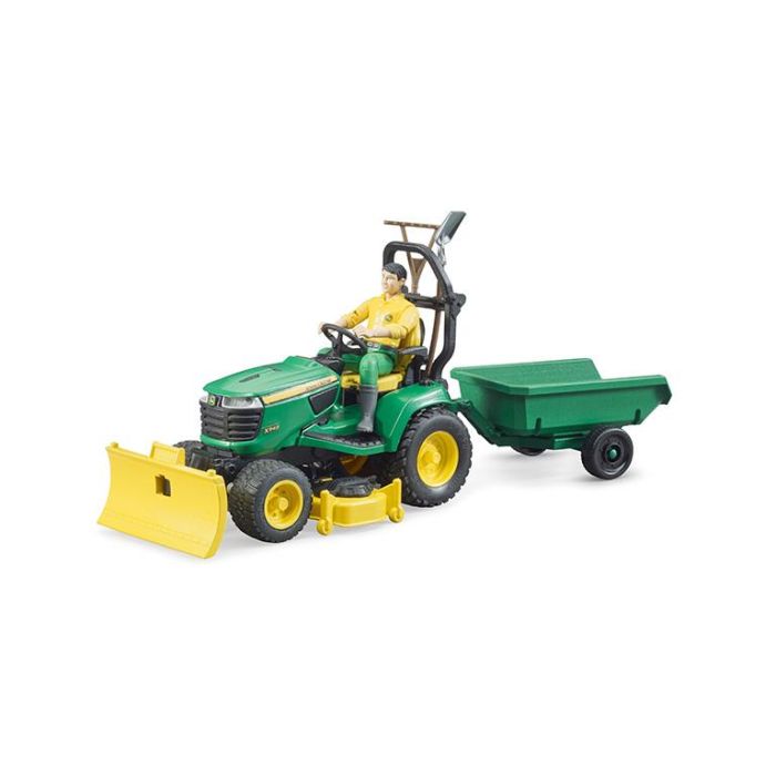 Bruder 62104 John Deere X949 Tractor Cortacésped de Juguete con Remolque, Figura Jardinero y Cortadora Triple Regulable