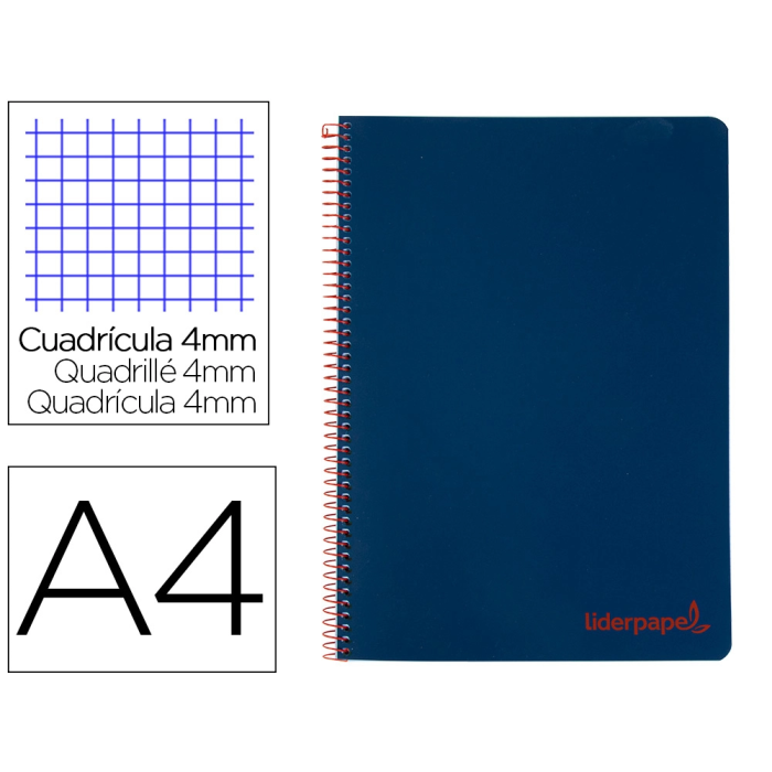 Liderpapel Cuaderno espiral A4 Wonder tapa plástico 80 hojas 90gr cuadro 4mm con margen azul marino