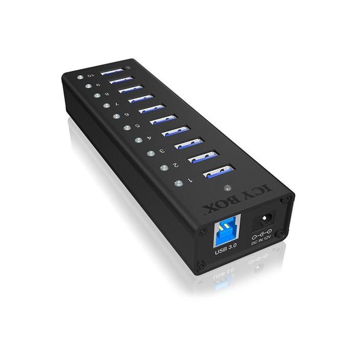 ICY BOX IB-AC6110 Hub USB 3.2 Gen 1 de 10 Puertos Tipo-A, Aluminio, con Fuente de Alimentación, 5000 Mbit/s, Negro