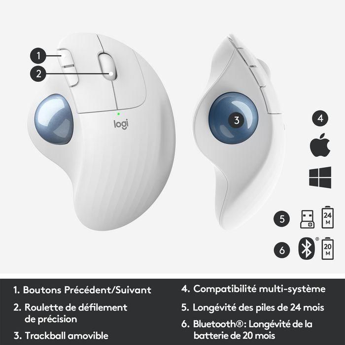 Logitech ERGO M575 Ratón Trackball Inalámbrico RF/Bluetooth, 2000 DPI, Blanco, Incluye Receptor Nano y Pilas, Para Mano Derecha